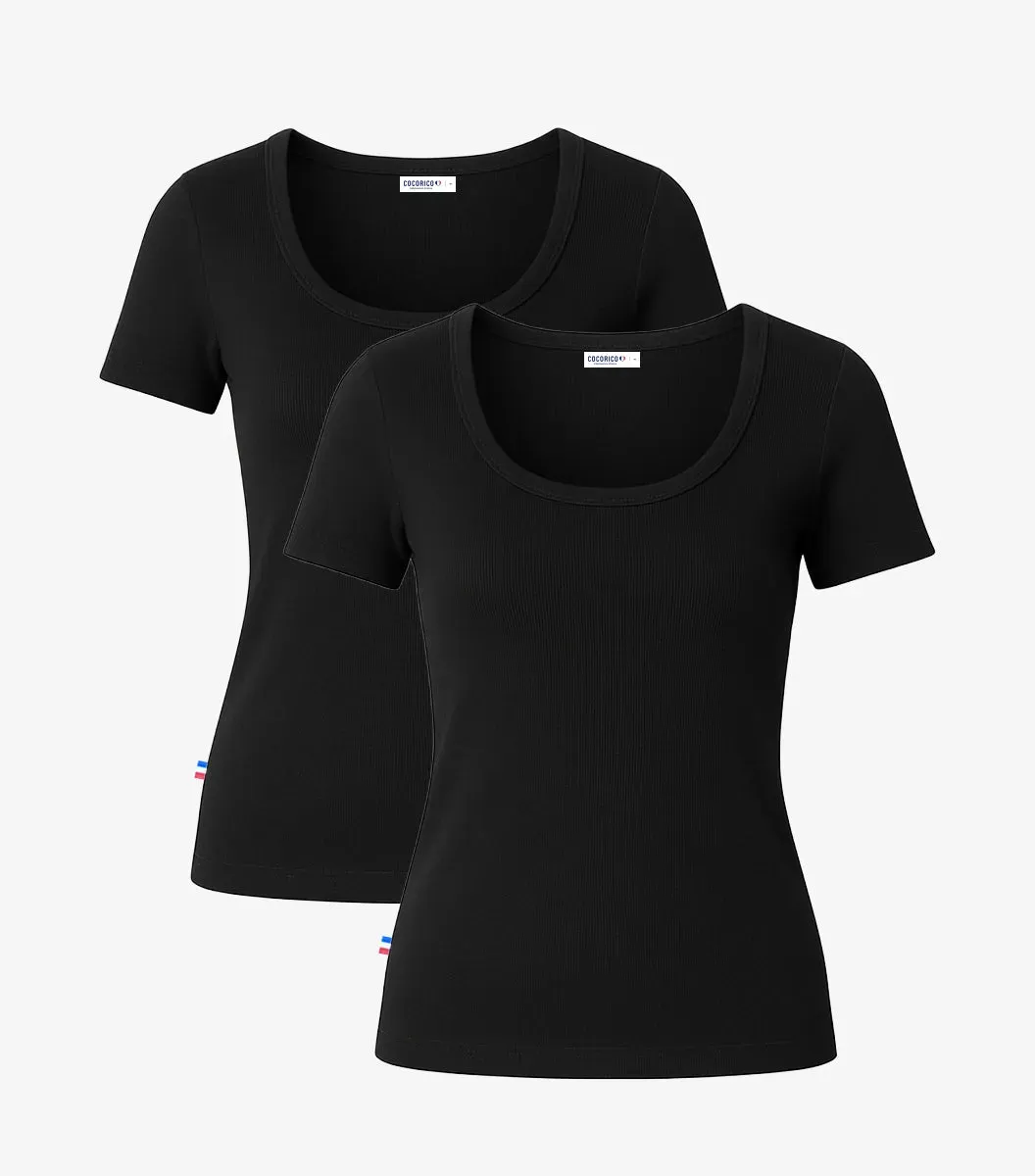 T-shirt Femme Côtelé Noir x2 - Pack Intemporel
