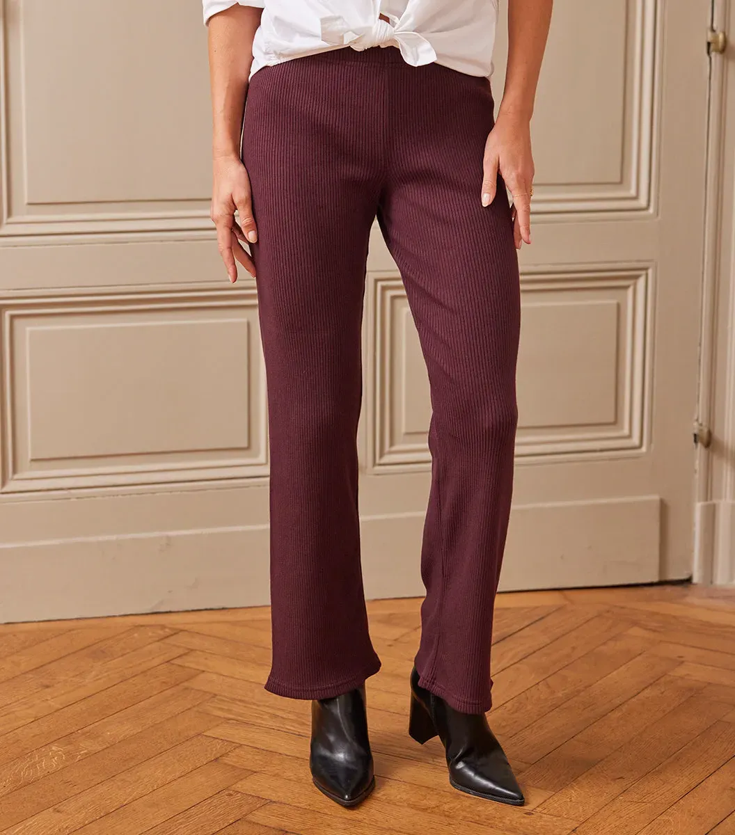 Pantalon Maille Côtelée Femme Bordeaux - Intemporel