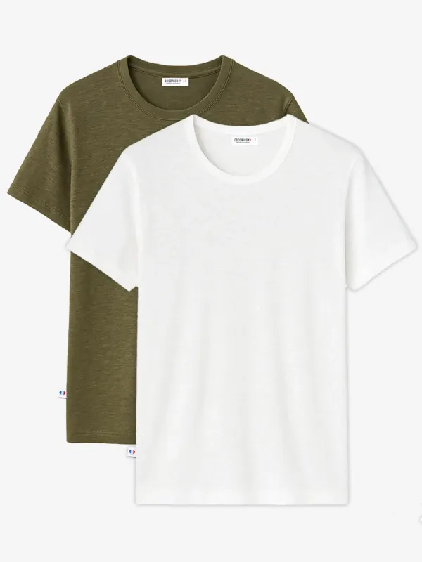 Product T-shirt Homme en Lin x2 - Pack Blanc/Kaki Image